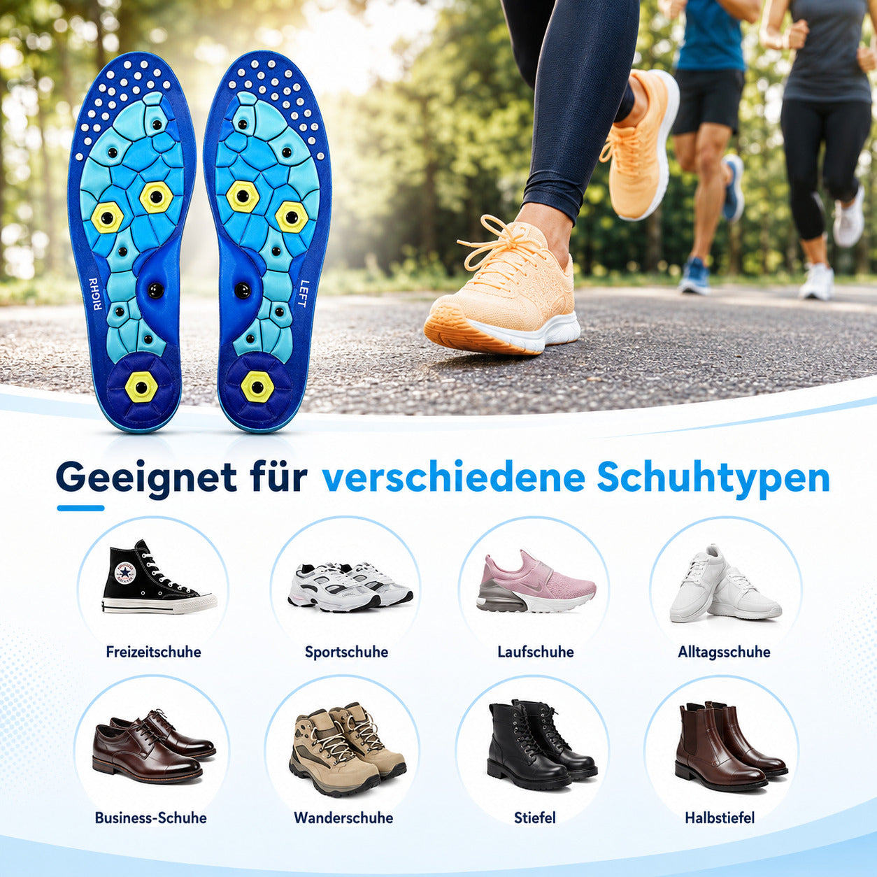 Magnetische Massage Einlegesohlen mit Akupressurpunkten, zuschneidbar, stoßdämpfend, atmungsaktiv für Alltag & Sport