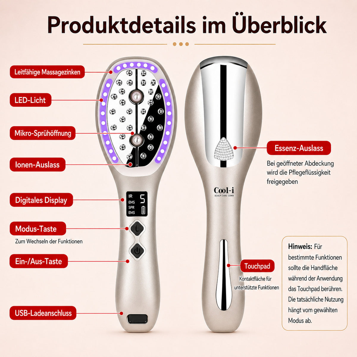 Cool-i® 5-in-1 Kopfhautpflegebürste – Mit 4-farbiger LED-Anwendung, Infrarot, EMS, Ionenfunktion, Nebel- und Vibrationspflege für die ergänzende Kopfhautpflege (Champagnergold)