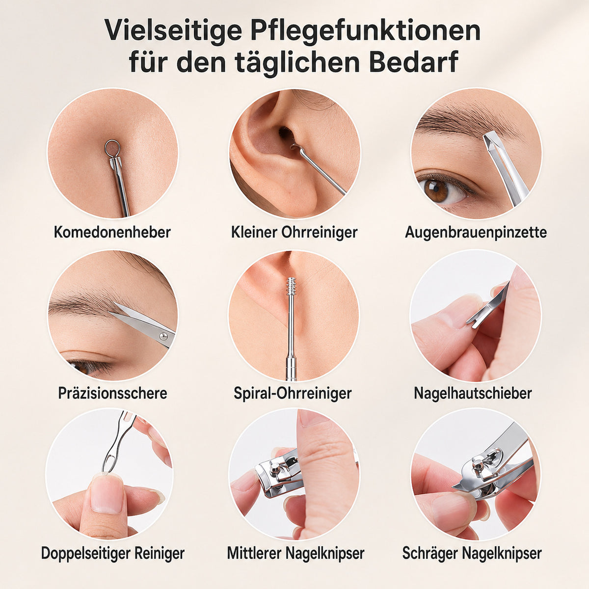 18 teiliges Maniküre Set aus Edelstahl mit PU Etui, Nagelpflege Set für Hände, Füße & Gesicht, Reiseetui