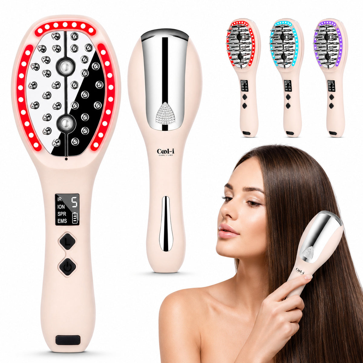 Cool-i ® 5-in-1 Kopfhaut-Massagebürste – Mit 4-Farben-LED + Infrarot für Haarwachstum, EMS, Vernebelung, Ionen & Massage für gesunde Kopfhaut und kräftiges Haar