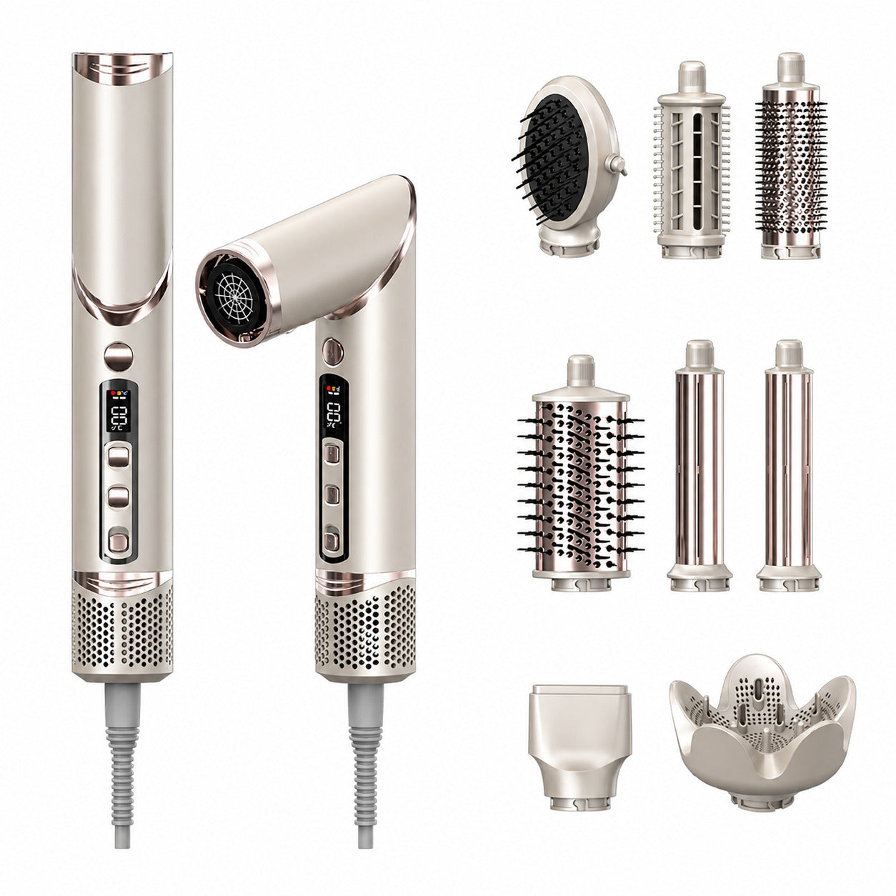 Cool-i ® Airstyler 8 in 1, 1400W Heißluftbürste, Hairstyler-Set mit Diffusor, Glättungstrockner, Rundbürste, Volumenbürste, Lockenwickler, 4 Temperaturen & 3 Windstufen.