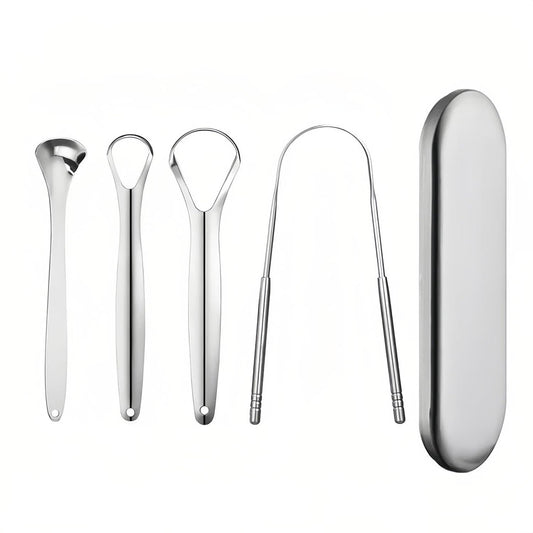 Edelstahl Zungenreiniger Set, 4 Zungenschaber, wiederverwendbar für tägliche Mundhygiene