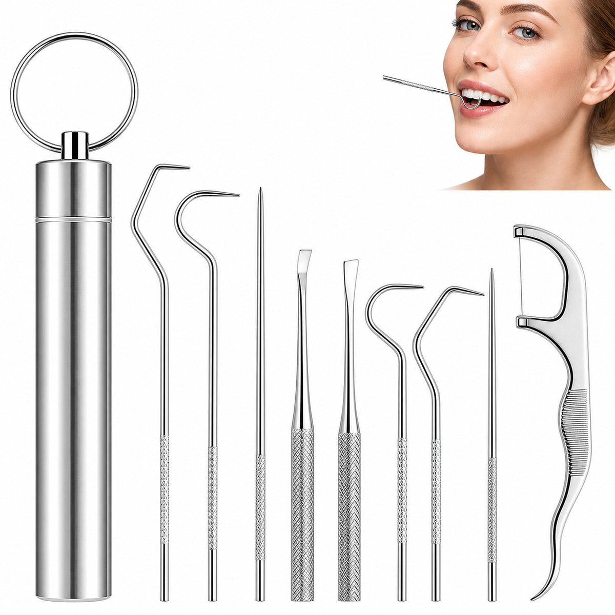 Zahnpflege-Set, 9er Pack Edelstahl Zahnstocher,wiederverwendbar,Ideal für Unterwegs