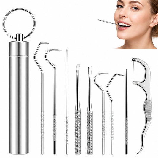 Zahnpflege-Set, 9er Pack Edelstahl Zahnstocher,wiederverwendbar,Ideal für Unterwegs