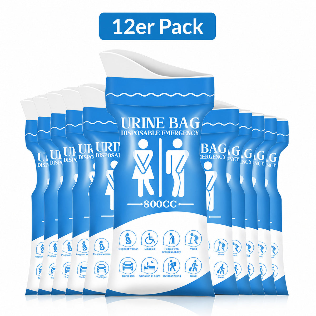 COOL-i Notfall Urinbeutel 12er Set, 800 ml Einweg Urinbeutel, Unisex Reise WC für Auto, Camping & Outdoor