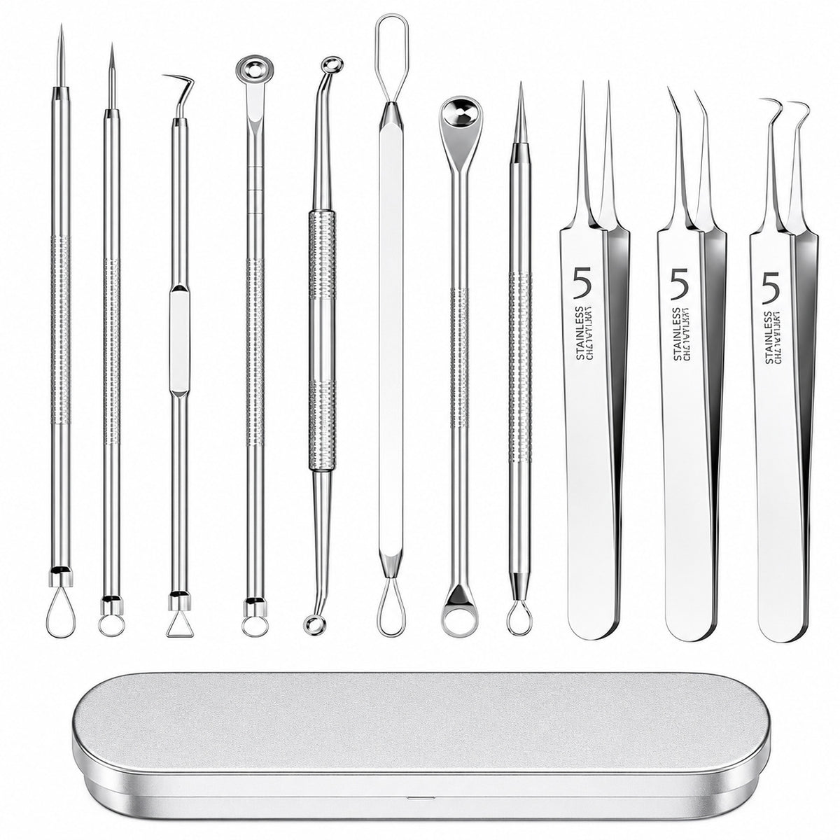 COOL-i 11 teiliges Mitesserentferner Set aus Edelstahl mit Etui, für kosmetische Pflege