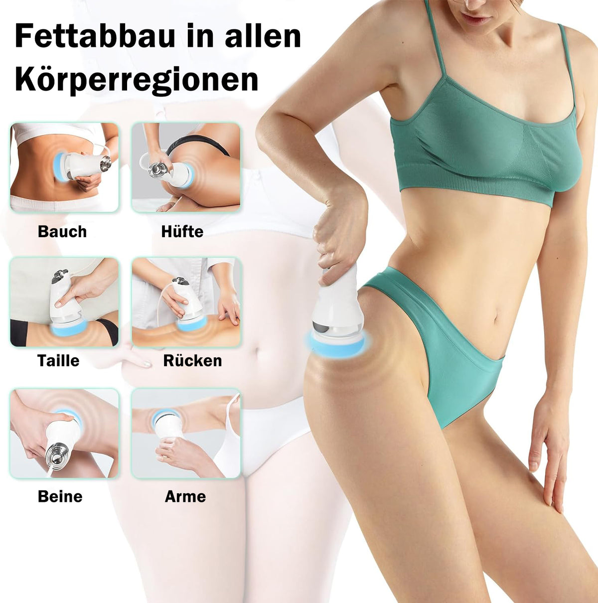 Cellulite Massagegerät in Anwendung an Bauch und Oberschenkeln