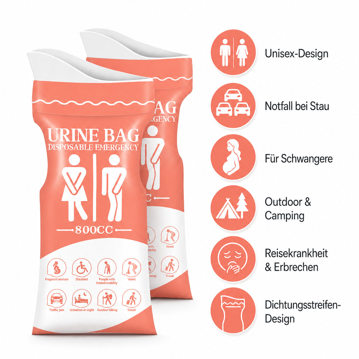 COOL-i Notfall Urinbeutel 12er Set, 800 ml Einweg Urinbeutel, Unisex Reise WC für Auto, Camping & Outdoor