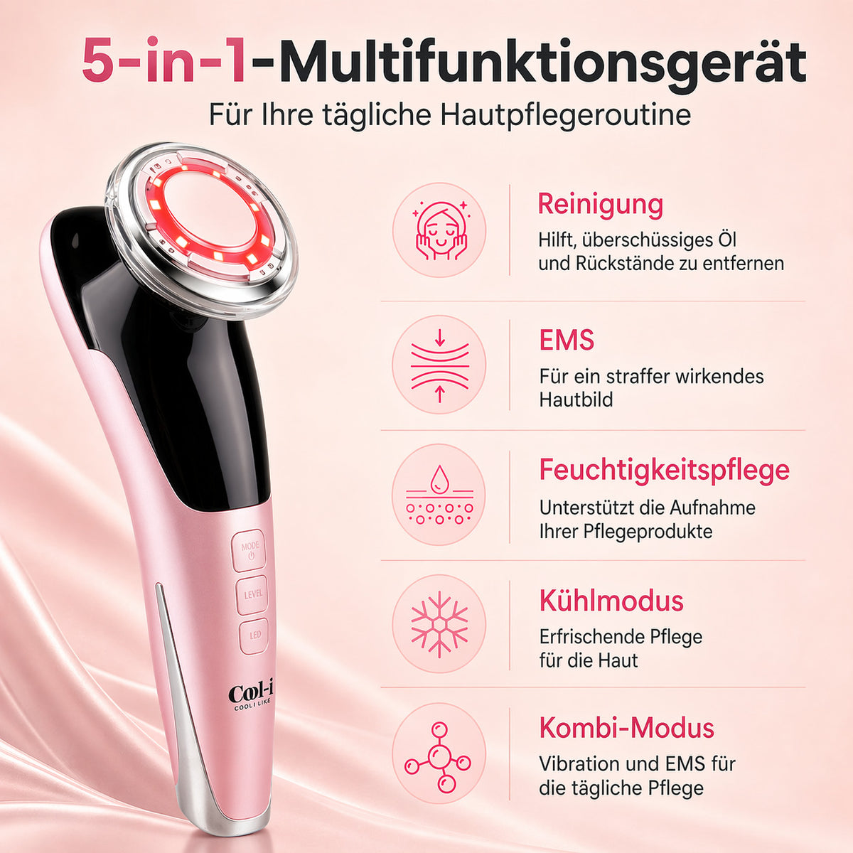 Cool-i® 5-in-1 Gesichtspflegegerät – EMS, LED-Licht, Wärme/Kälte, Vibration – Kabellos & wiederaufladbar – Für kosmetische Anwendung zu Hause