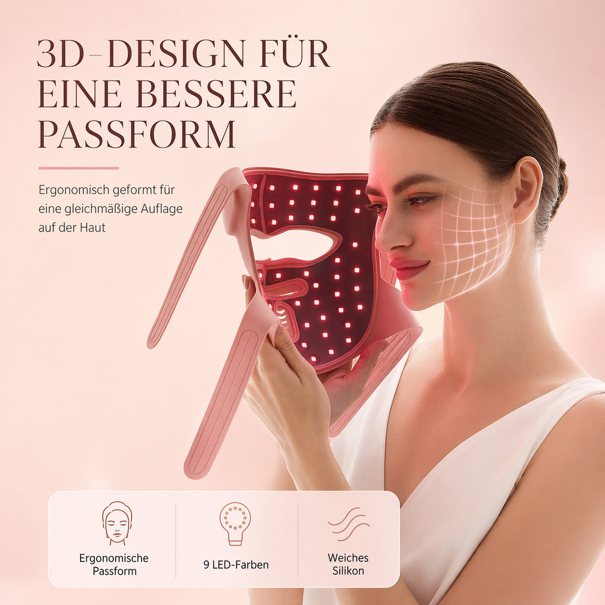 Cool-i® 3D LED Gesichtsmaske – 9 Lichtfarben, kabellos mit Fernbedienung, hautfreundliches Silikon, Lichttherapie für Anti-Aging, Akne & Hautpflege