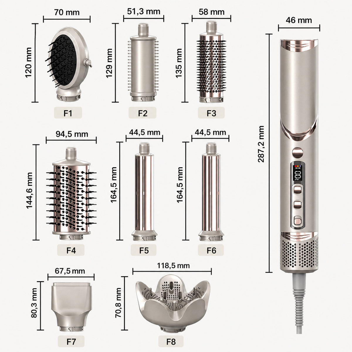 Cool-i ® Airstyler 8 in 1, 1400W Heißluftbürste, Hairstyler-Set mit Diffusor, Glättungstrockner, Rundbürste, Volumenbürste, Lockenwickler, 4 Temperaturen & 3 Windstufen.
