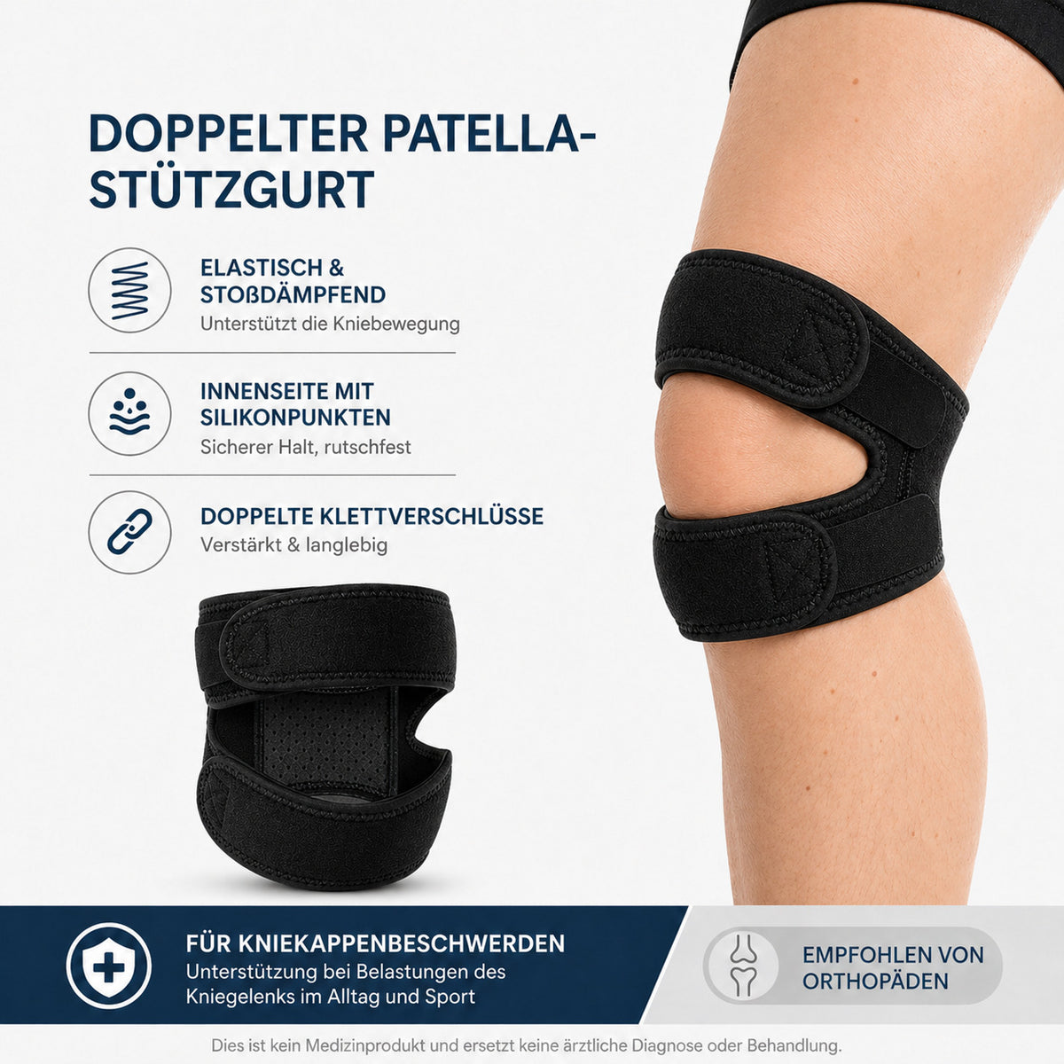 2er Set Patella Kniebandage verstellbar, elastischer Doppel-Stützgurt, rutschfest & atmungsaktiv für Sport & Alltag