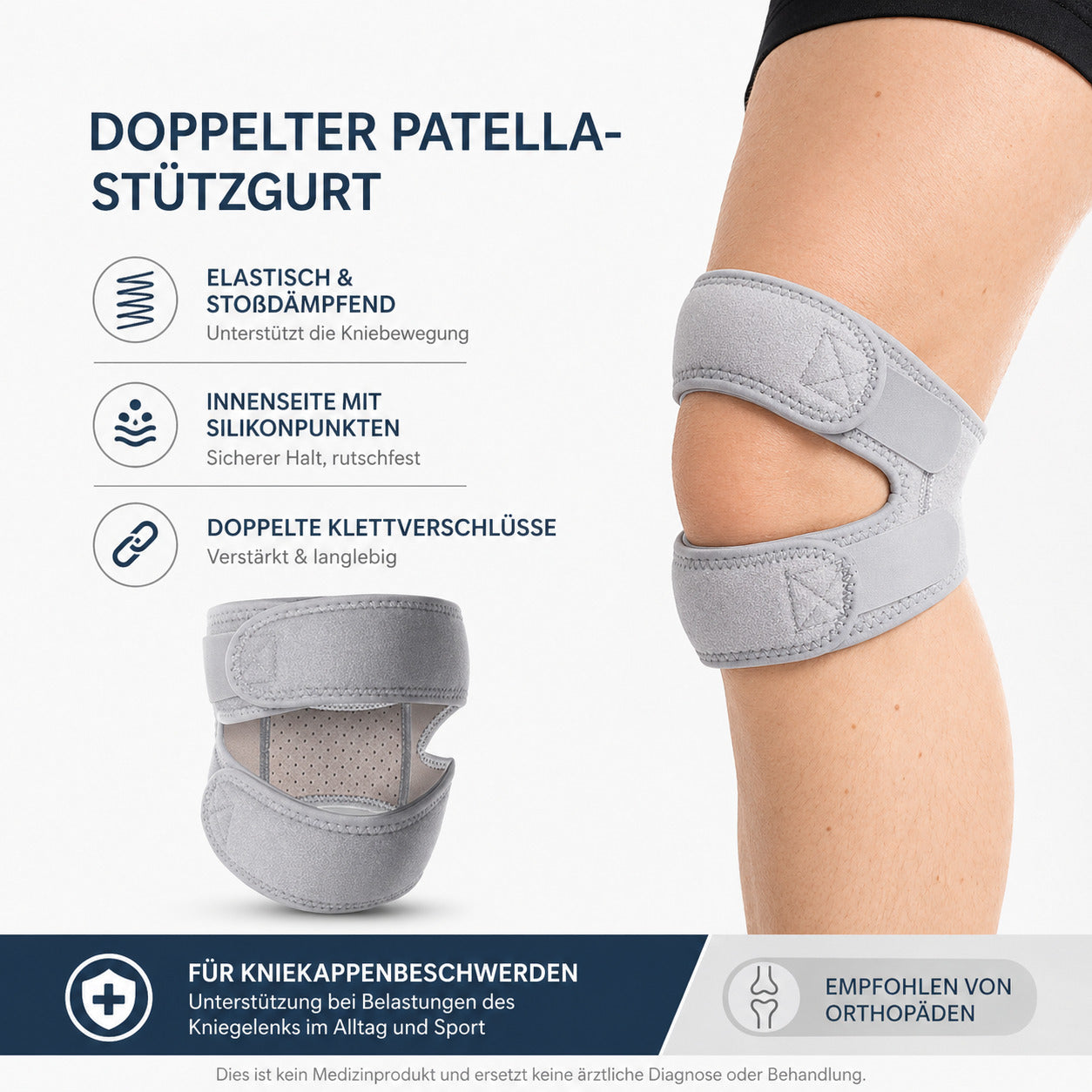 2er Set Patella Kniebandage verstellbar, elastischer Doppel-Stützgurt, rutschfest & atmungsaktiv für Sport & Alltag
