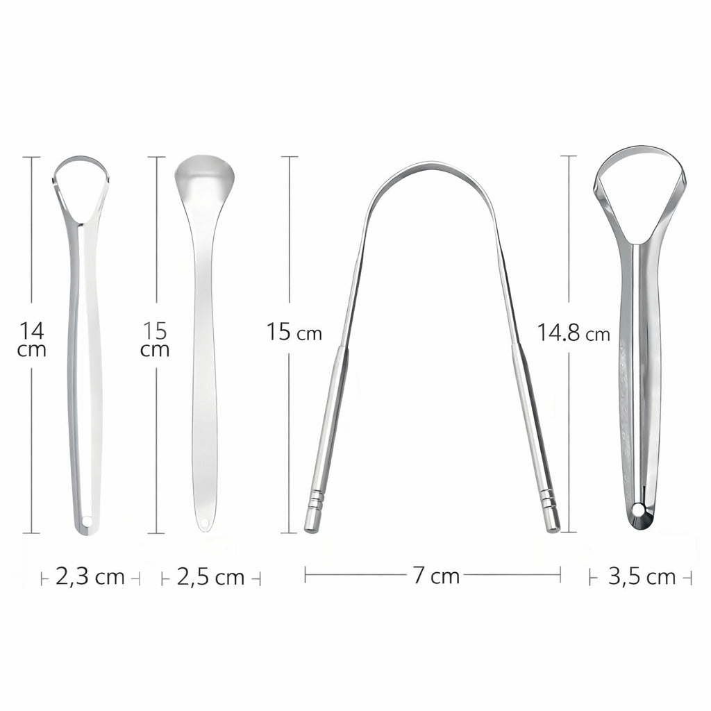 Edelstahl Zungenreiniger Set, 4 Zungenschaber, wiederverwendbar für tägliche Mundhygiene
