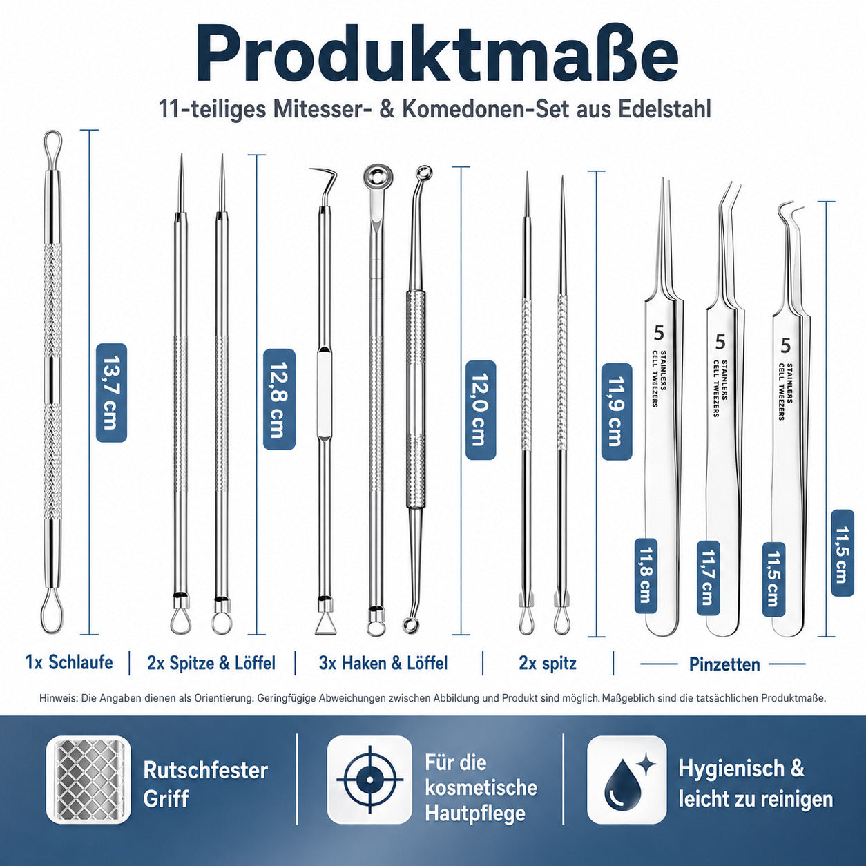 COOL-i 11 teiliges Mitesserentferner Set aus Edelstahl mit Etui, für kosmetische Pflege