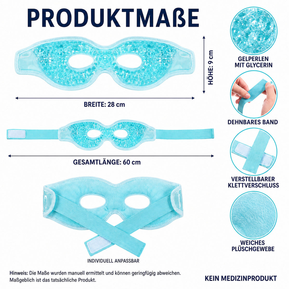 COOL-i Kühl & Wärmemaske für die Augen, wiederverwendbare Gel Augenmaske mit Gelperlen & elastischem Band
