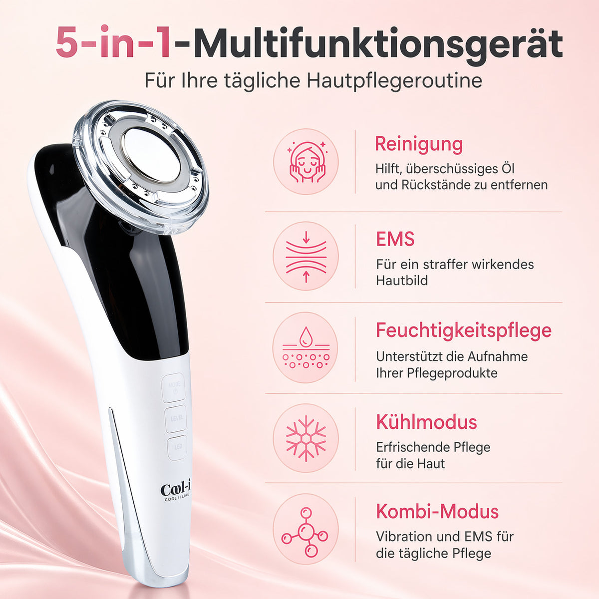 COOL-i® 5-in-1 Beautygerät – Für ergänzende Gesichtspflege mit EMS, Licht-, Wärme- & Kühlfunktion – Kabellos & kompakt für Zuhause