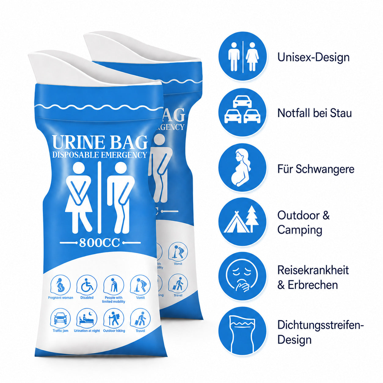 COOL-i Notfall Urinbeutel 12er Set, 800 ml Einweg Urinbeutel, Unisex Reise WC für Auto, Camping & Outdoor