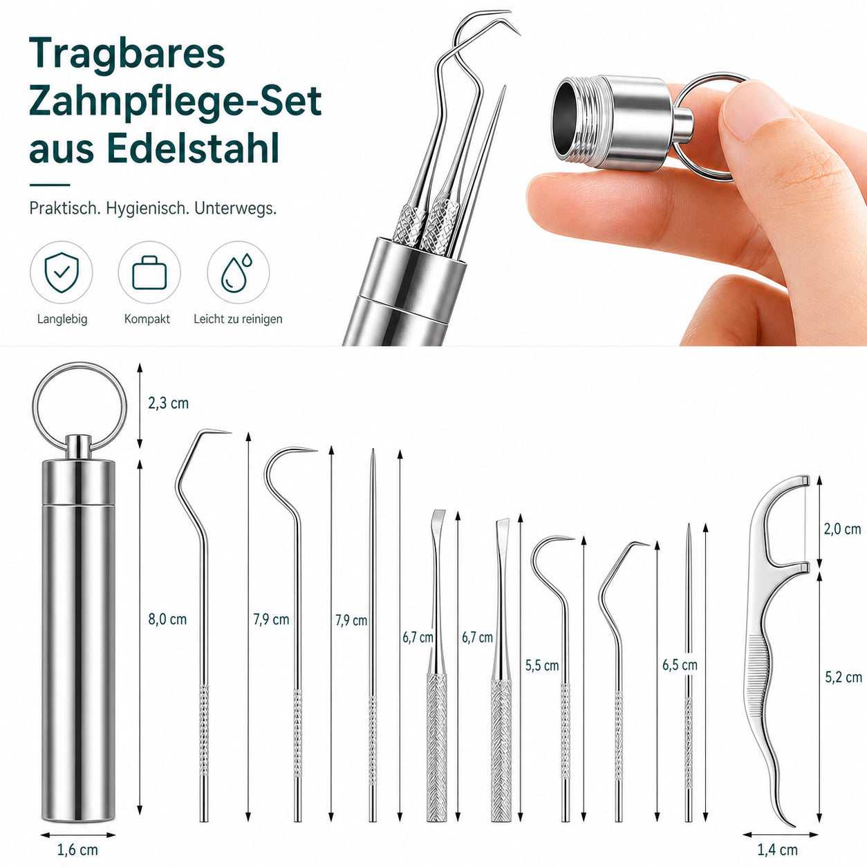 Zahnpflege-Set, 9er Pack Edelstahl Zahnstocher,wiederverwendbar,Ideal für Unterwegs