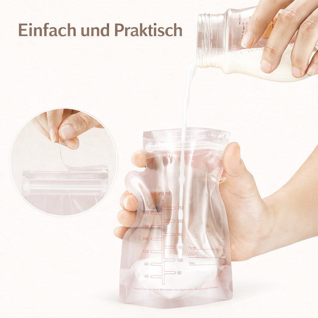 Muttermilchbeutel 250 ml,BPA frei, auslaufsicher, Doppelverschluss, Gefriergeeignet & beschriftbar, 30 Stück