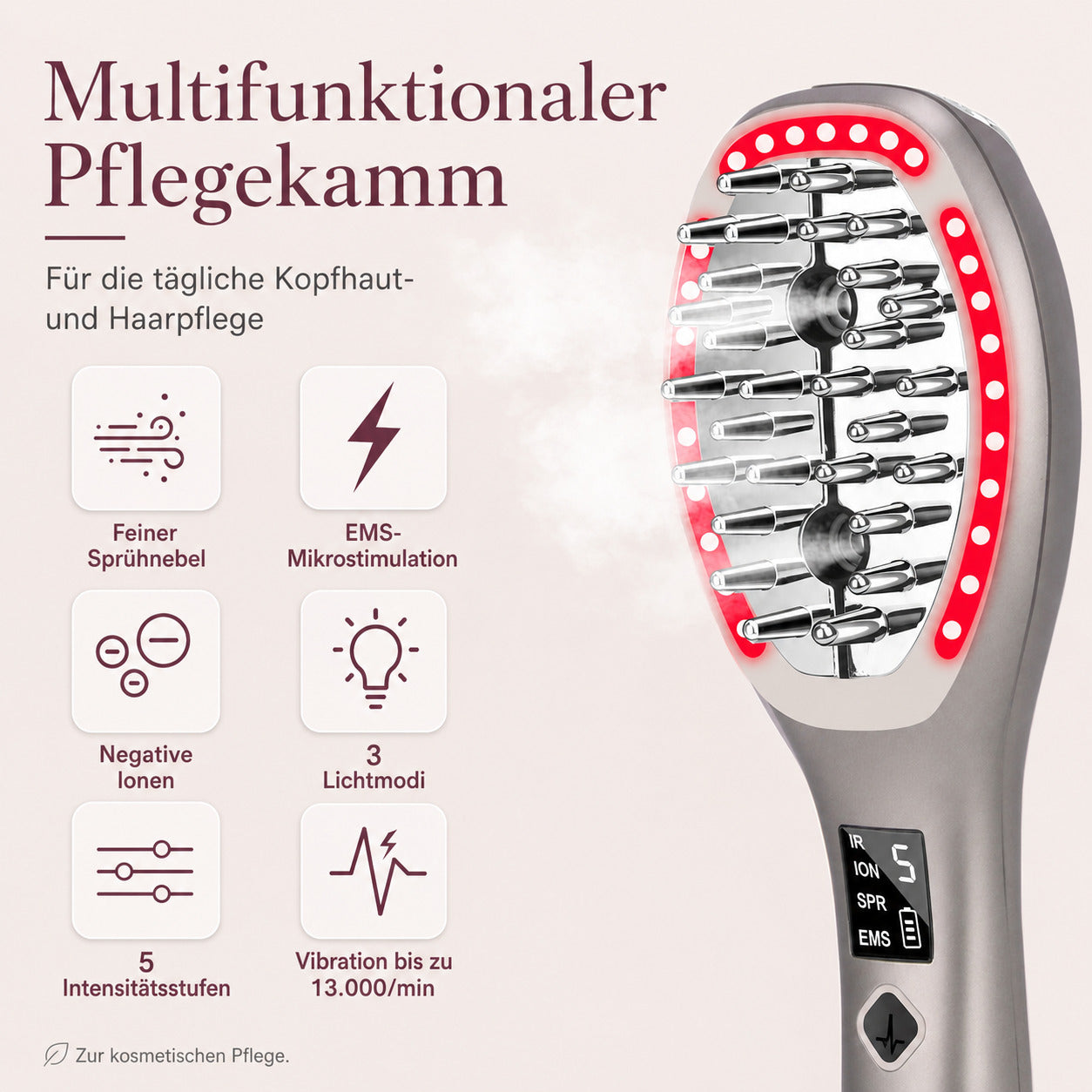 Cool-i® 5-in-1 Kopfhautpflegebürste – Mit 4-farbiger LED-Anwendung, Infrarot, EMS, Ionenfunktion, Nebel- und Vibrationspflege für die ergänzende Kopfhautpflege (Champagnergold)