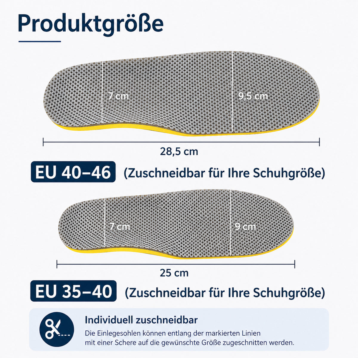 3D Einlegesohlen zuschneidbar, atmungsaktiv, stoßdämpfend, Komfort Schuheinlagen für Alltag & Sport EU 35–46
