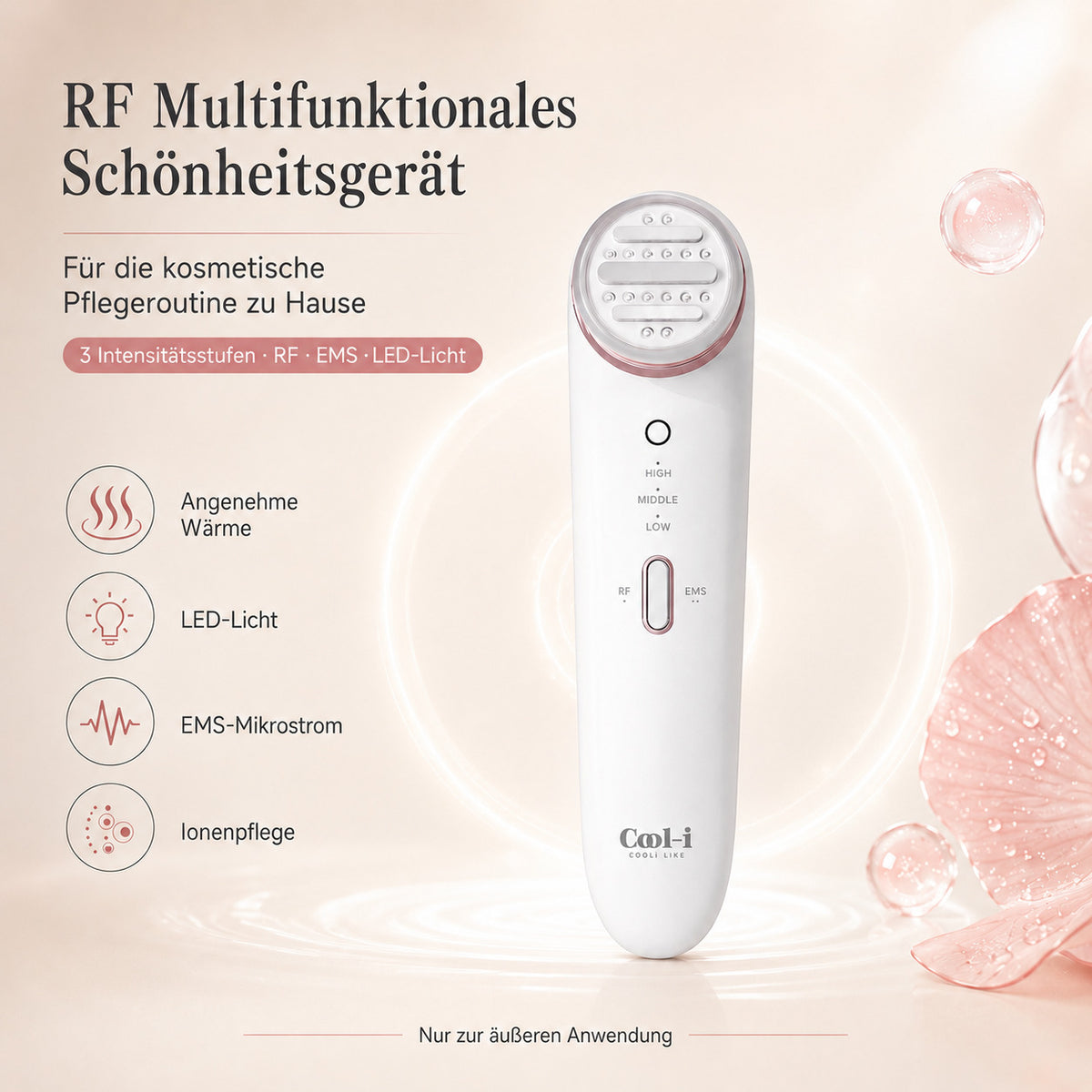 COOL-i RF Beautygerät mit EMS & LED, 3 Stufen, USB-C, für kosmetische Hautpflege