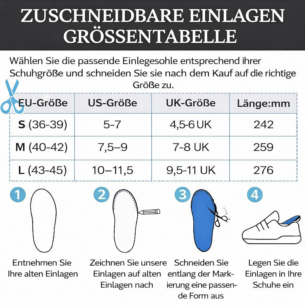 Orthopädische 3D Einlegesohlen,Fußgewölbestütze, atmungsaktiv & zuschneidbar
