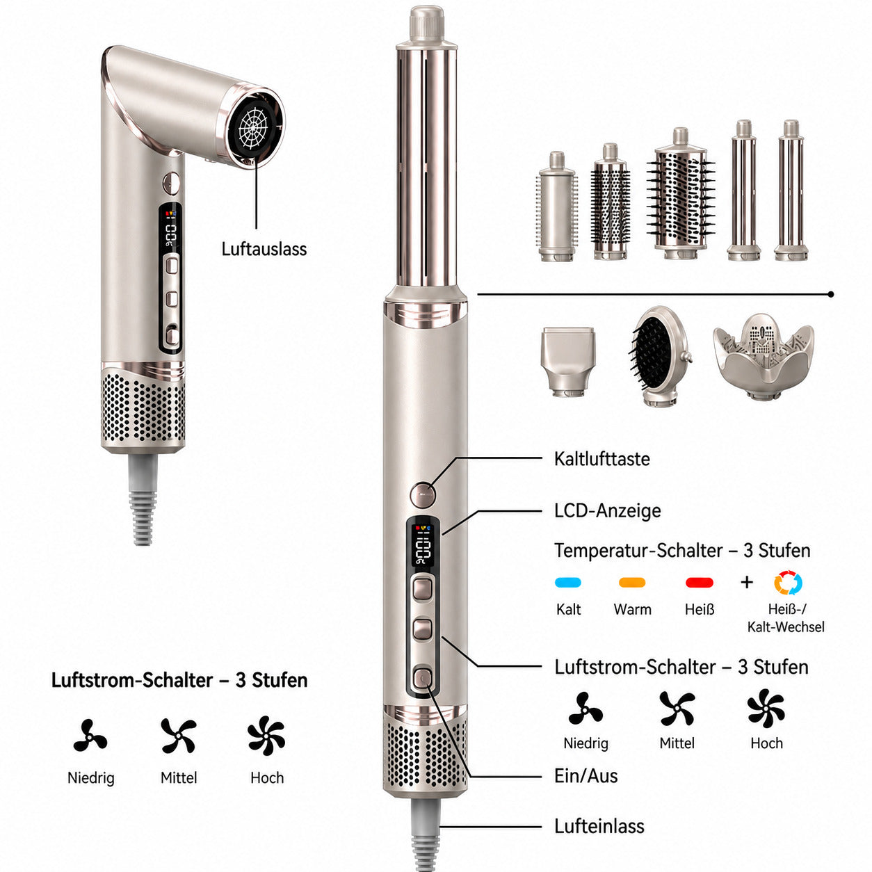 Cool-i ® Airstyler 8 in 1, 1400W Heißluftbürste, Hairstyler-Set mit Diffusor, Glättungstrockner, Rundbürste, Volumenbürste, Lockenwickler, 4 Temperaturen & 3 Windstufen.