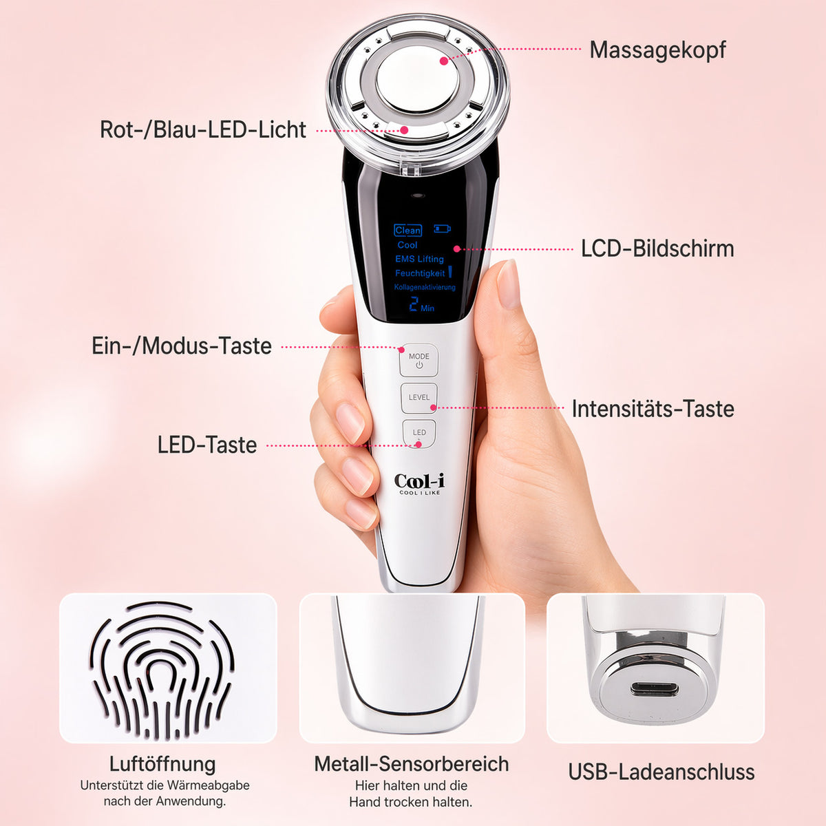 COOL-i® 5-in-1 Beautygerät – Für ergänzende Gesichtspflege mit EMS, Licht-, Wärme- & Kühlfunktion – Kabellos & kompakt für Zuhause