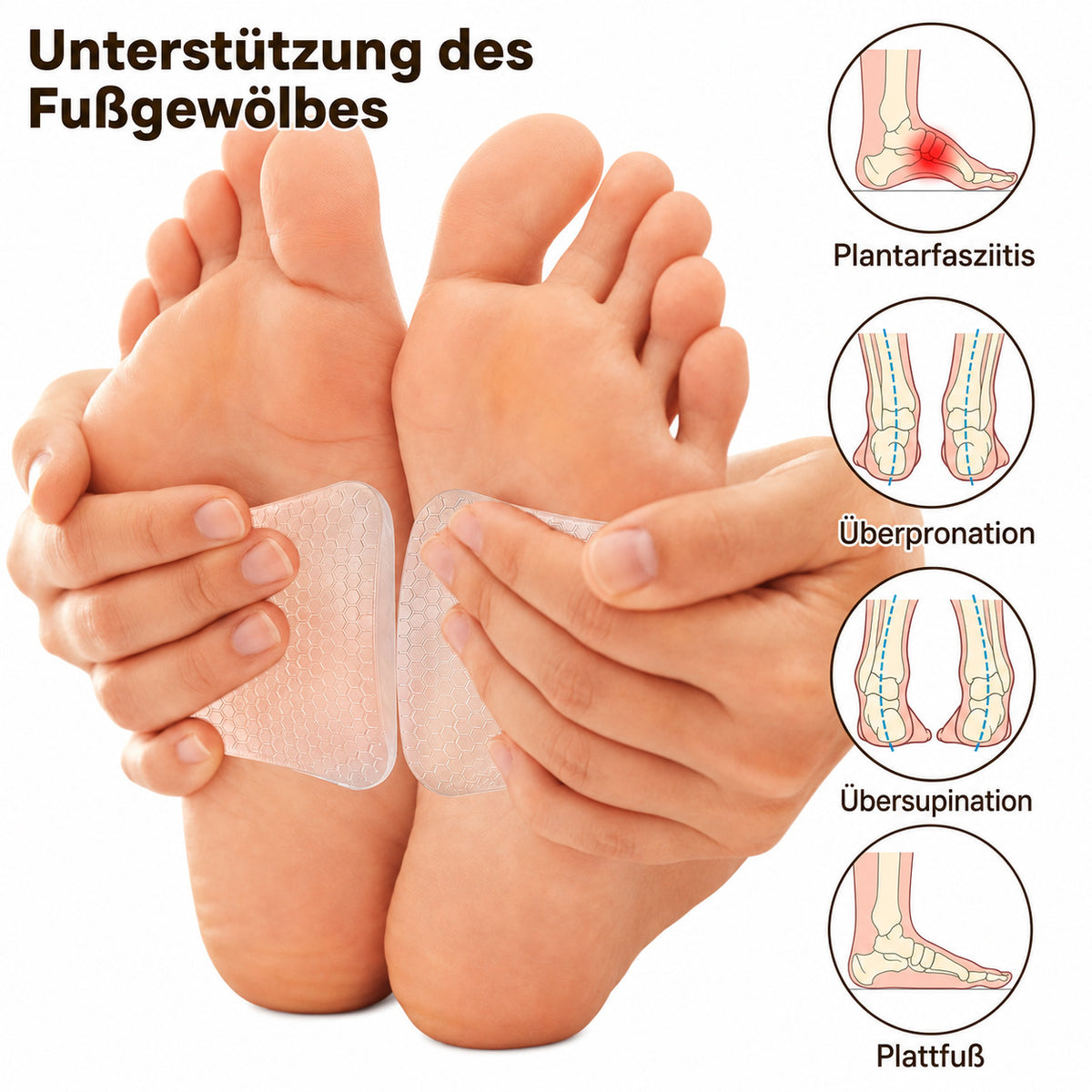 COOL-i 2 Paar Gel-Fußgewölbe-Pads, selbstklebend, zuschneidbar, wiederverwendbar & transparent