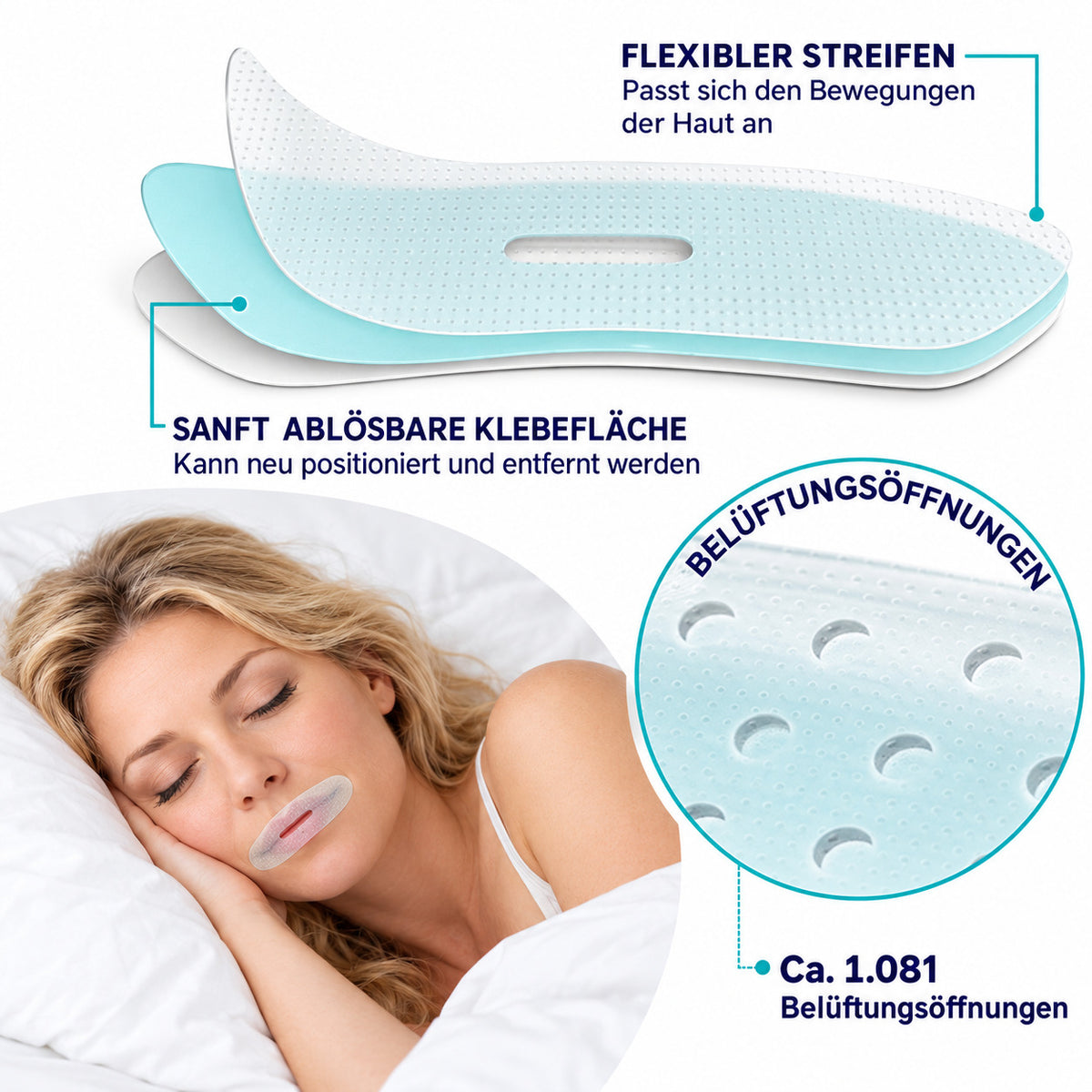 COOL-i Mundpflaster zum Schlafen, 120 Stück Mouth Tape mit Mittelöffnung, selbstklebend, flexibel