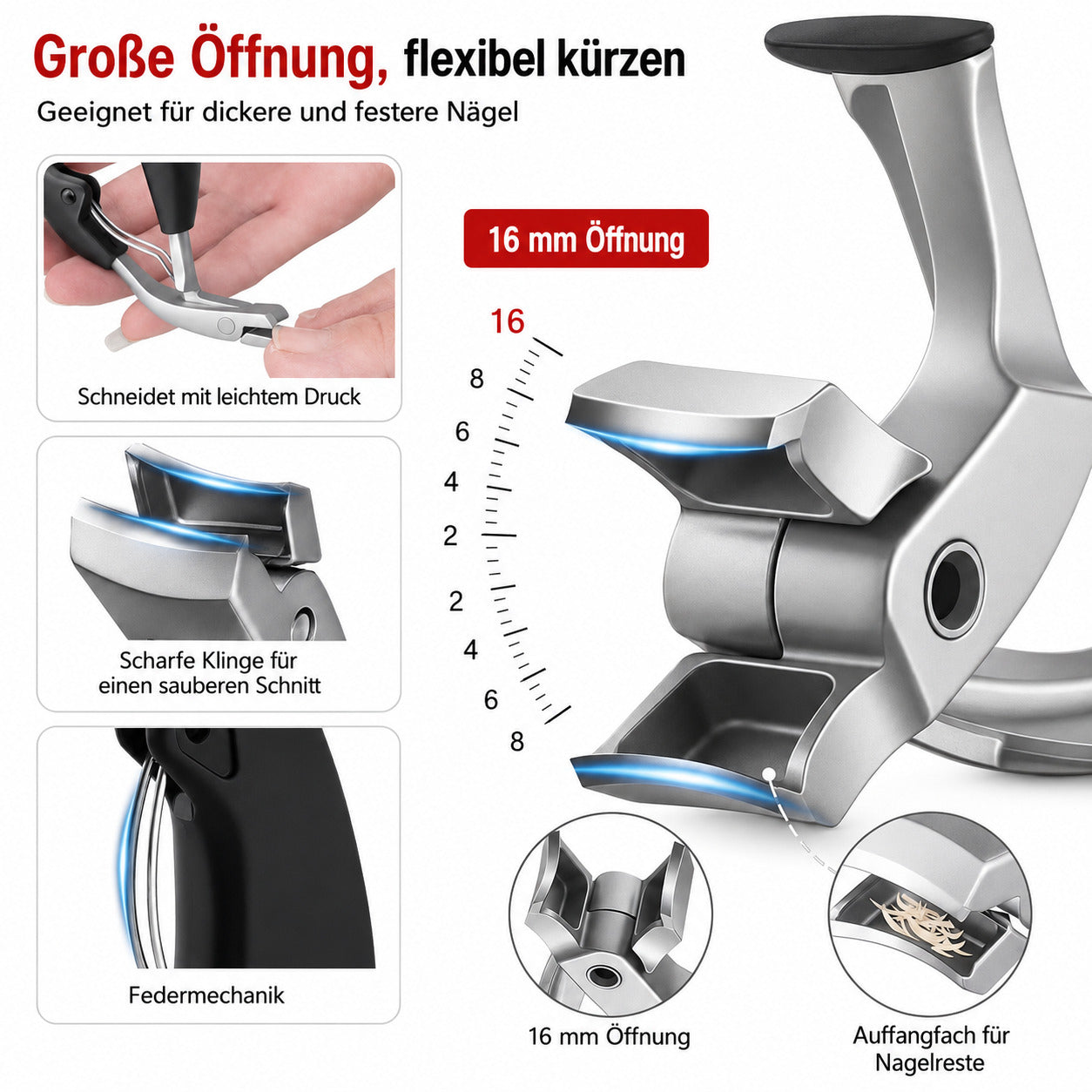 COOL-i ergonomischer Zehennagelknipser aus Edelstahl mit langem Griff, präzisem Schnitt & Auffangfach