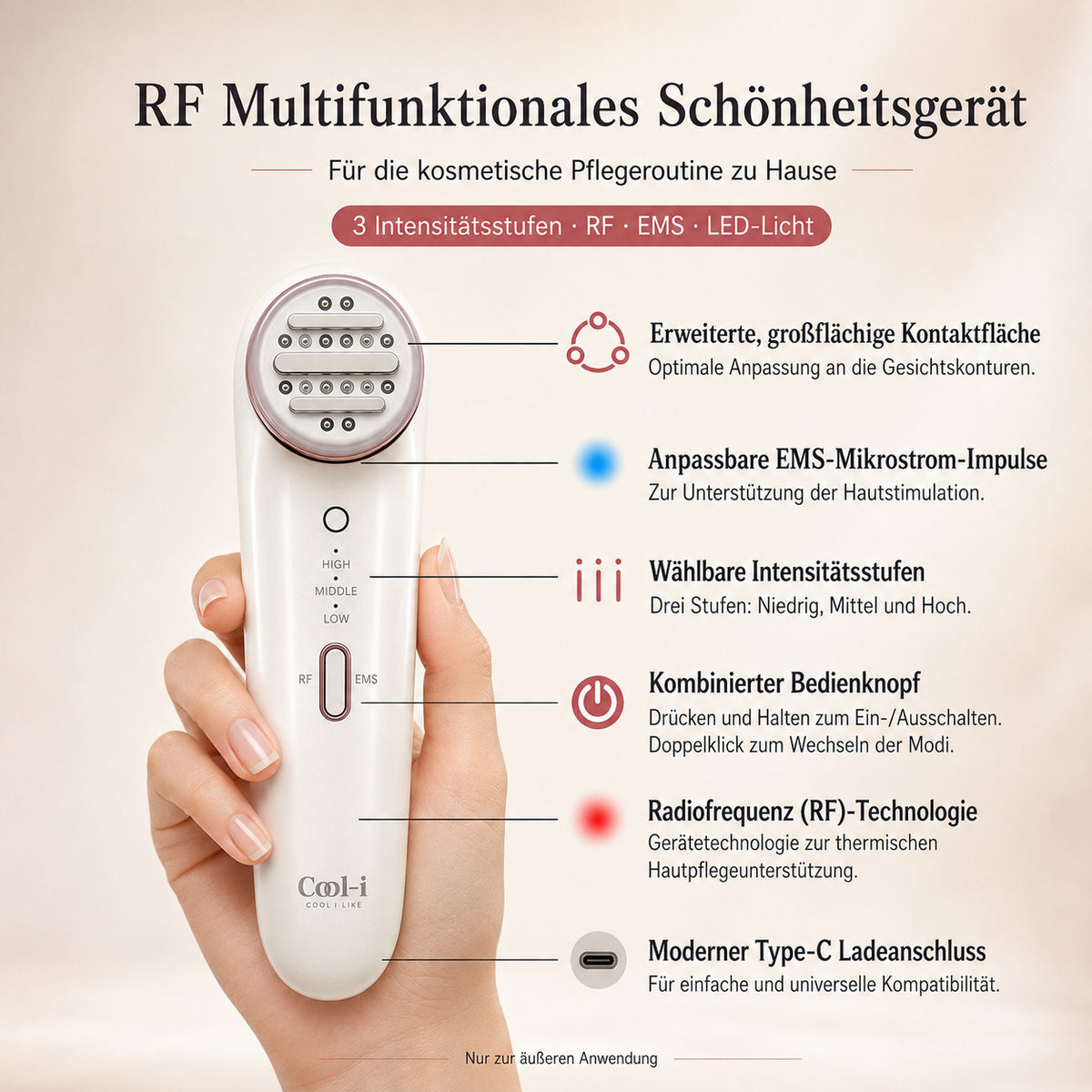 COOL-i RF Beautygerät mit EMS & LED, 3 Stufen, USB-C, für kosmetische Hautpflege