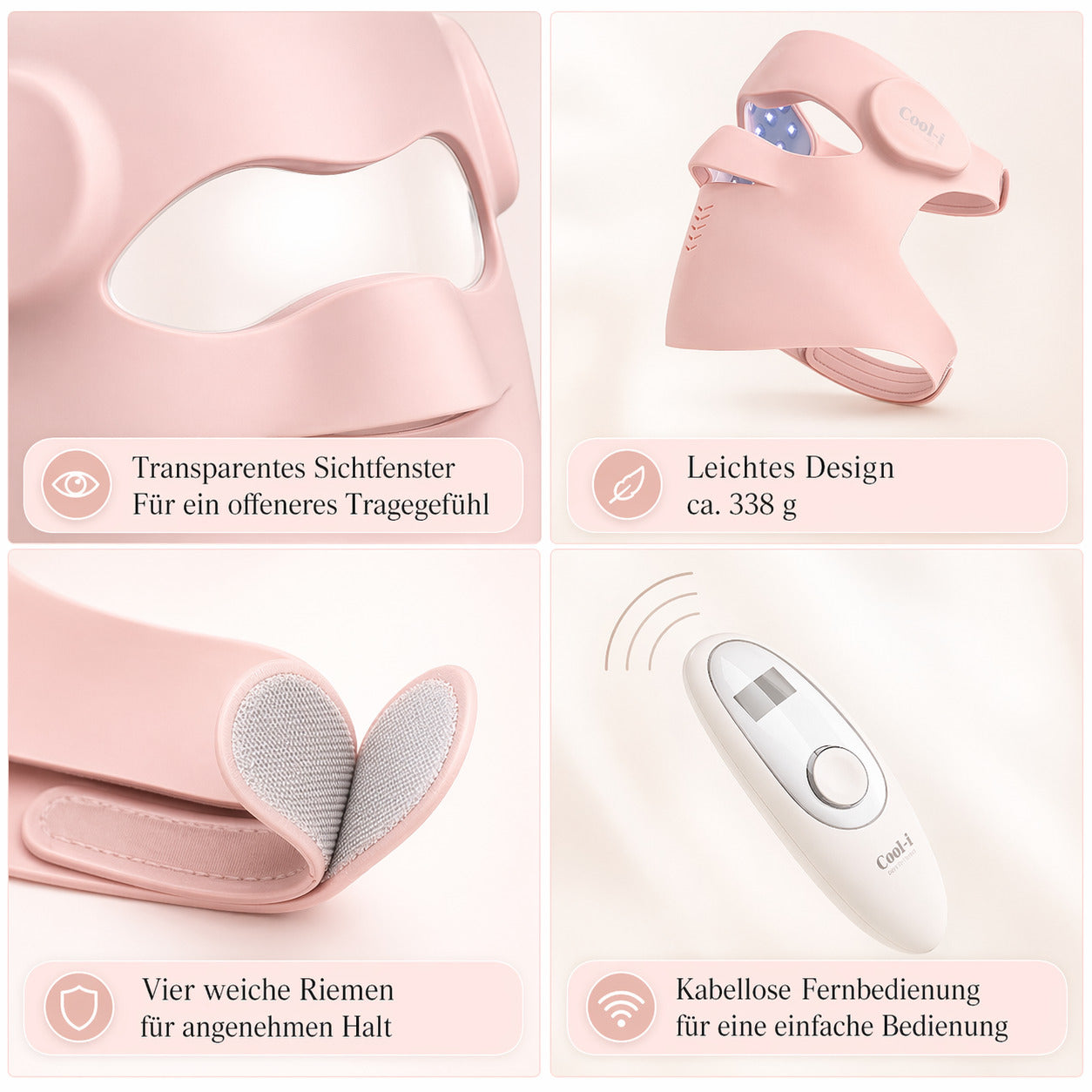 Cool-i® 3D LED Gesichtsmaske – 9 Lichtfarben, kabellos mit Fernbedienung, hautfreundliches Silikon, Lichttherapie für Anti-Aging, Akne & Hautpflege