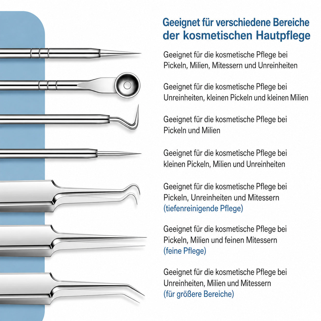 COOL-i 11 teiliges Mitesserentferner Set aus Edelstahl mit Etui, für kosmetische Pflege