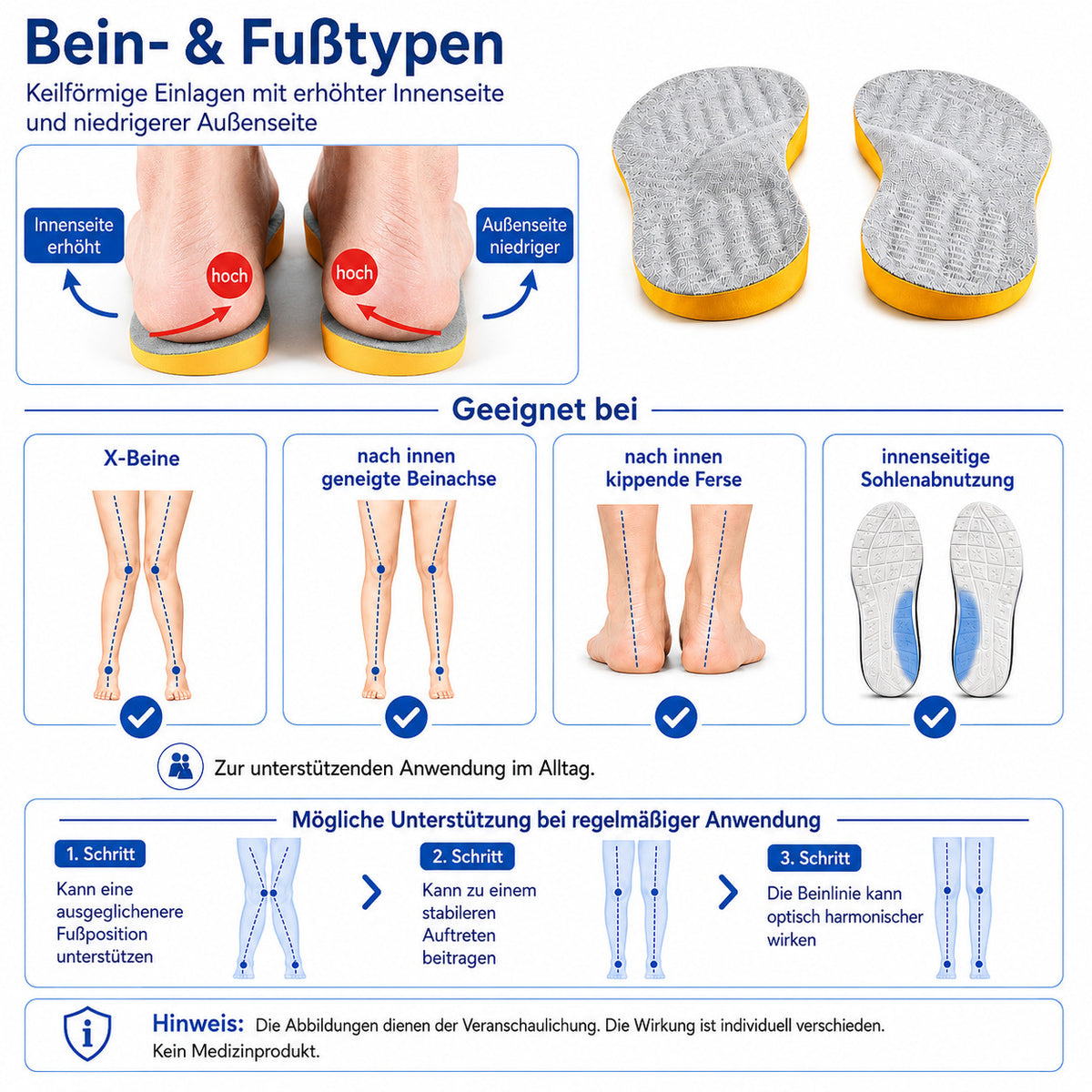 COOL-i Keilförmige X Bein Einlegesohlen, zuschneidbare Komfort Ferseneinlagen zur unterstützenden Fußausrichtung im Alltag 35-36