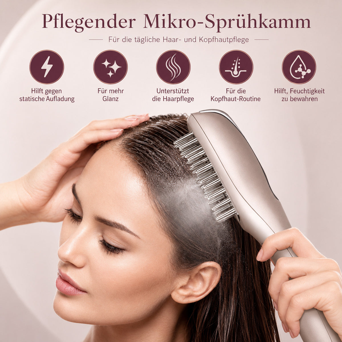 Cool-i® 5-in-1 Kopfhautpflegebürste – Mit 4-farbiger LED-Anwendung, Infrarot, EMS, Ionenfunktion, Nebel- und Vibrationspflege für die ergänzende Kopfhautpflege (Champagnergold)