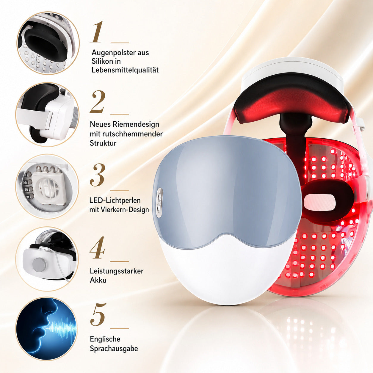 Cool-i® LED-Gesichtsmaske – 8-farbige Lichtanwendung mit Rot- & Infrarotlicht – Kabellos, mit Timer & Sprachsteuerung – Für entspannte Hautpflegeroutine