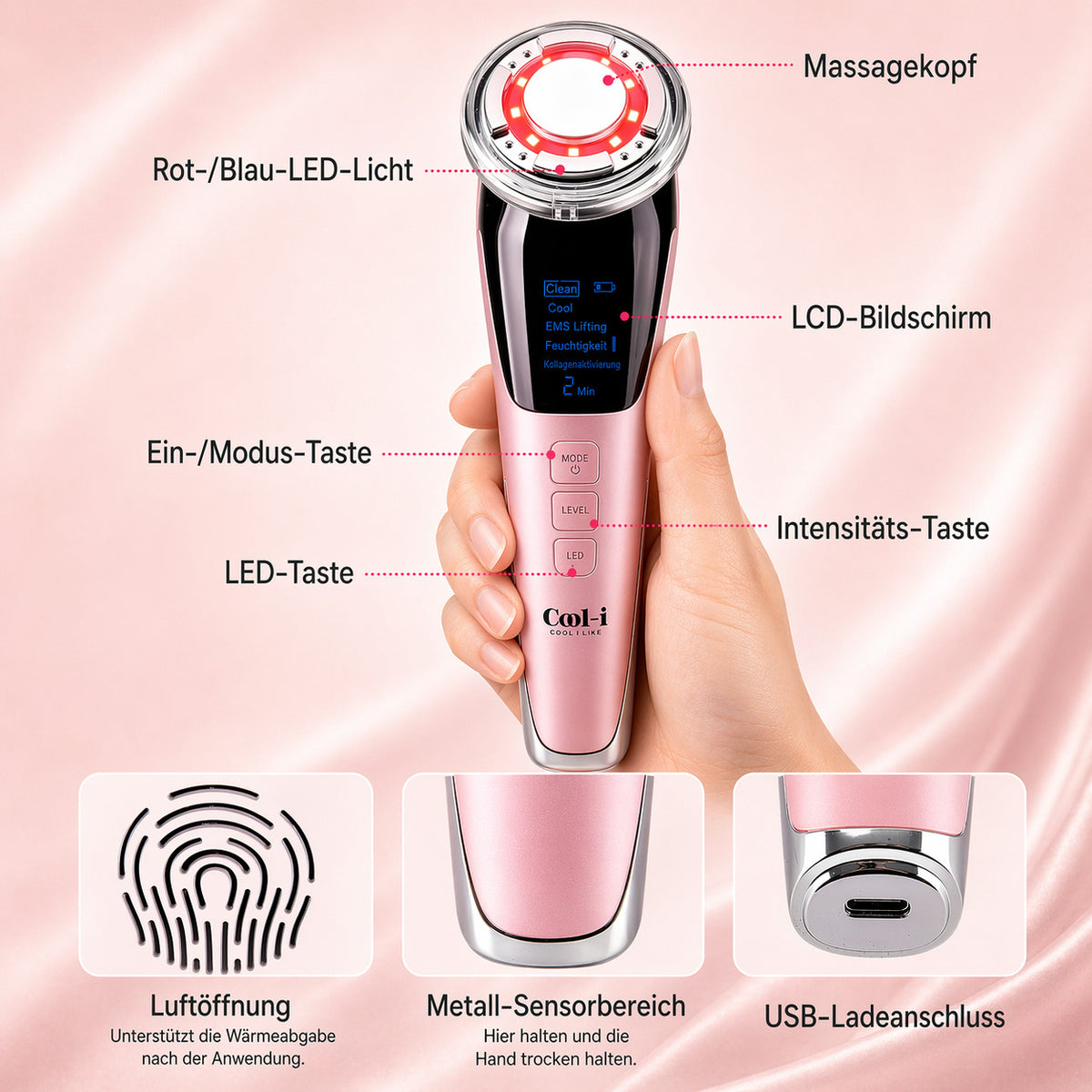Cool-i® 5-in-1 Gesichtspflegegerät – EMS, LED-Licht, Wärme/Kälte, Vibration – Kabellos & wiederaufladbar – Für kosmetische Anwendung zu Hause
