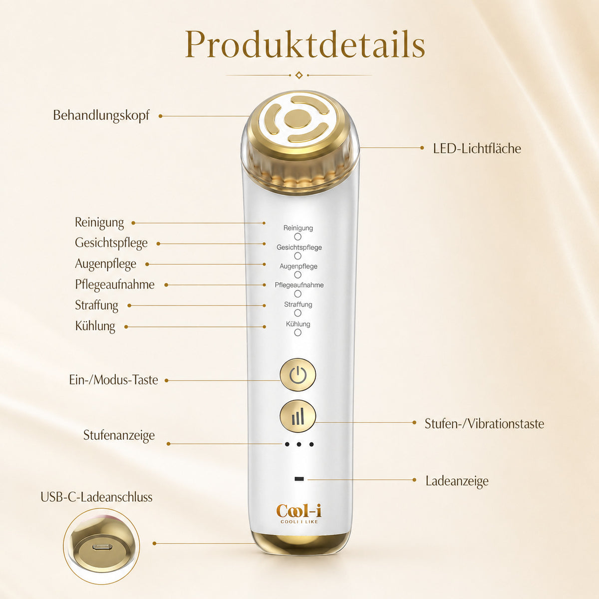 COOL-i® 2MHz RF & EMS Gesichtsmassagegerät – 6-in-1 Hautverjüngung mit Ultraschall, Licht & Kühlmodus