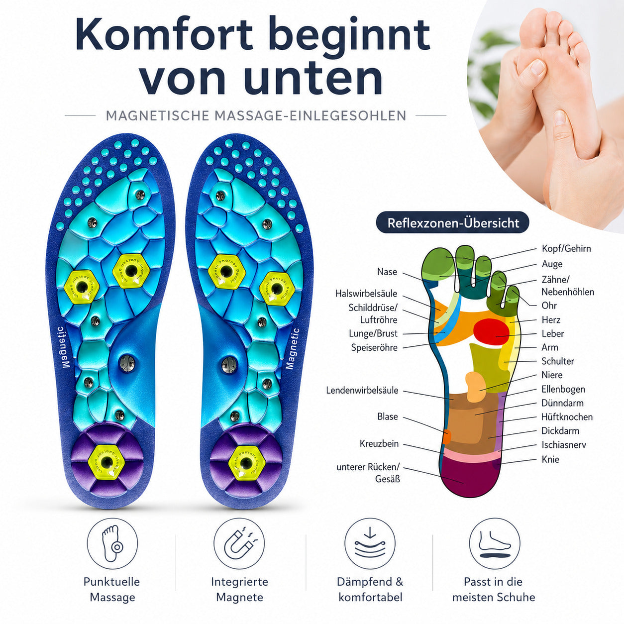 Magnetische Massage Einlegesohlen mit Akupressurpunkten, zuschneidbar, stoßdämpfend, atmungsaktiv für Alltag & Sport