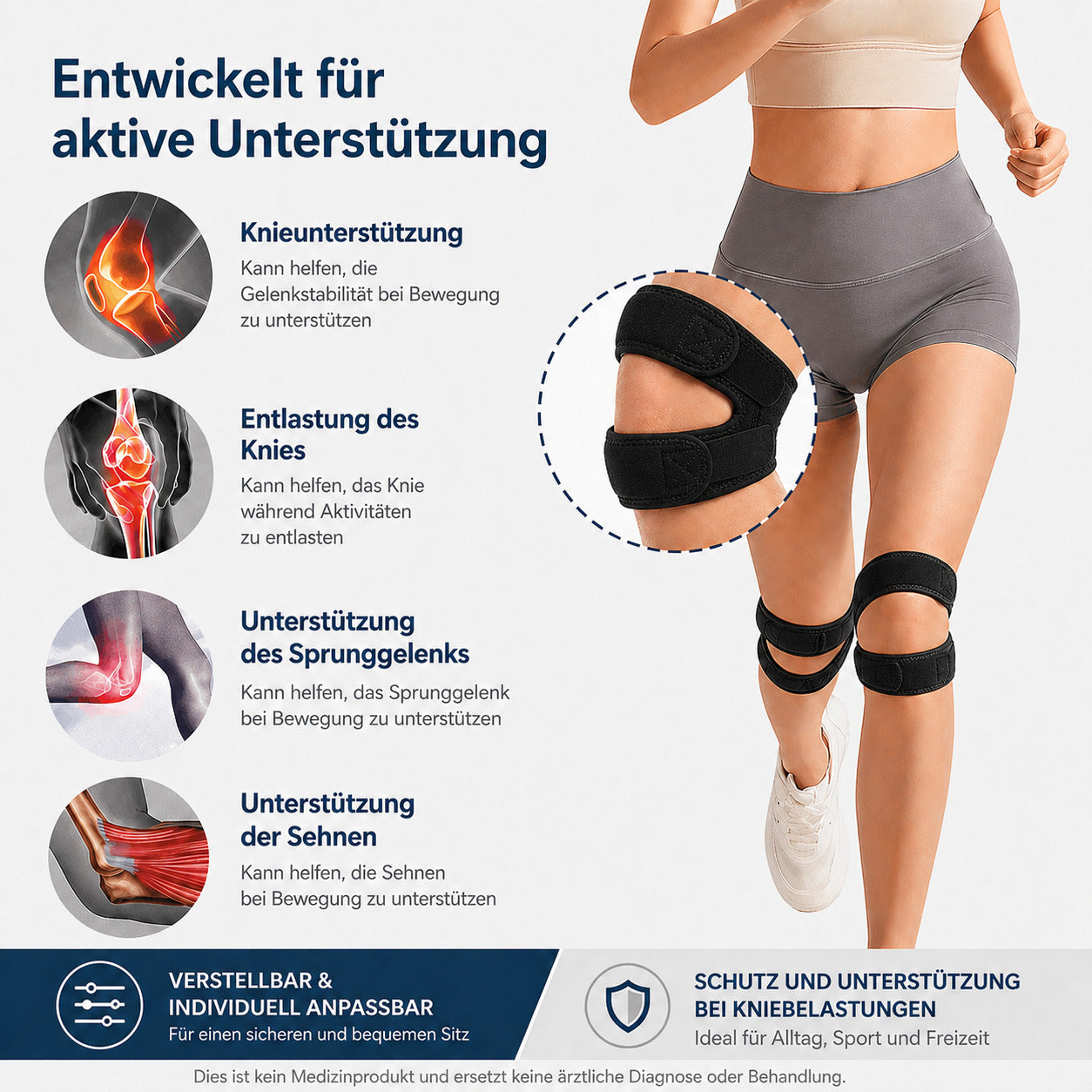 2er Set Patella Kniebandage verstellbar, elastischer Doppel-Stützgurt, rutschfest & atmungsaktiv für Sport & Alltag