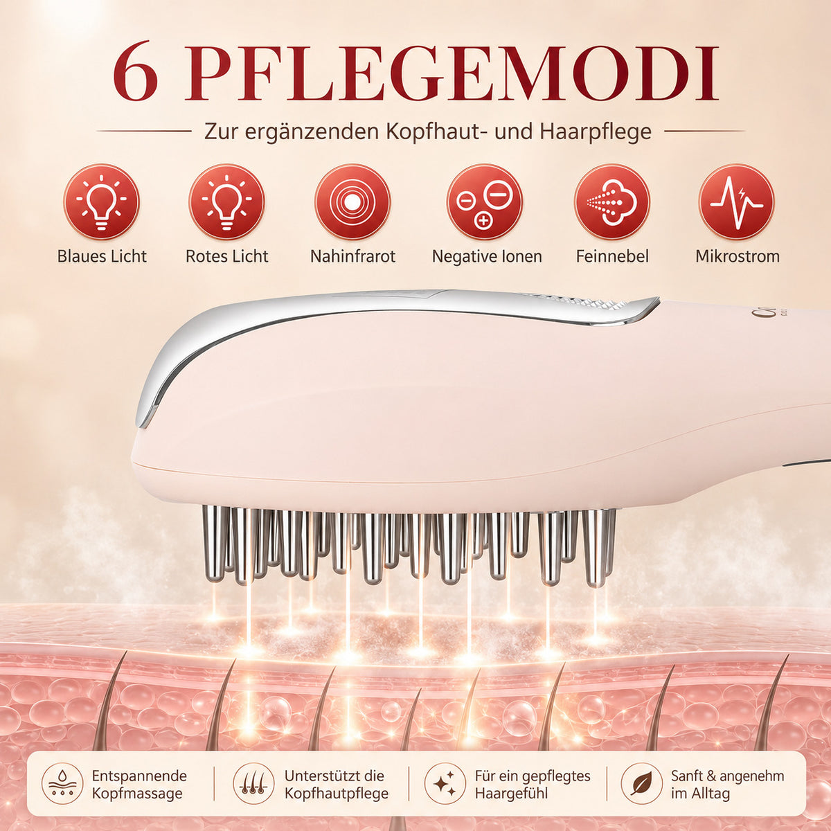 Cool-i ® 5-in-1 Kopfhaut-Massagebürste – Mit 4-Farben-LED + Infrarot für Haarwachstum, EMS, Vernebelung, Ionen & Massage für gesunde Kopfhaut und kräftiges Haar