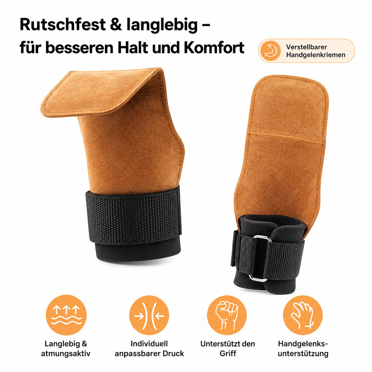2er Set Gewichtheber Zughilfen mit Handgelenkband, rutschfest, Lederpolster, für Fitness, Krafttraining & Gym