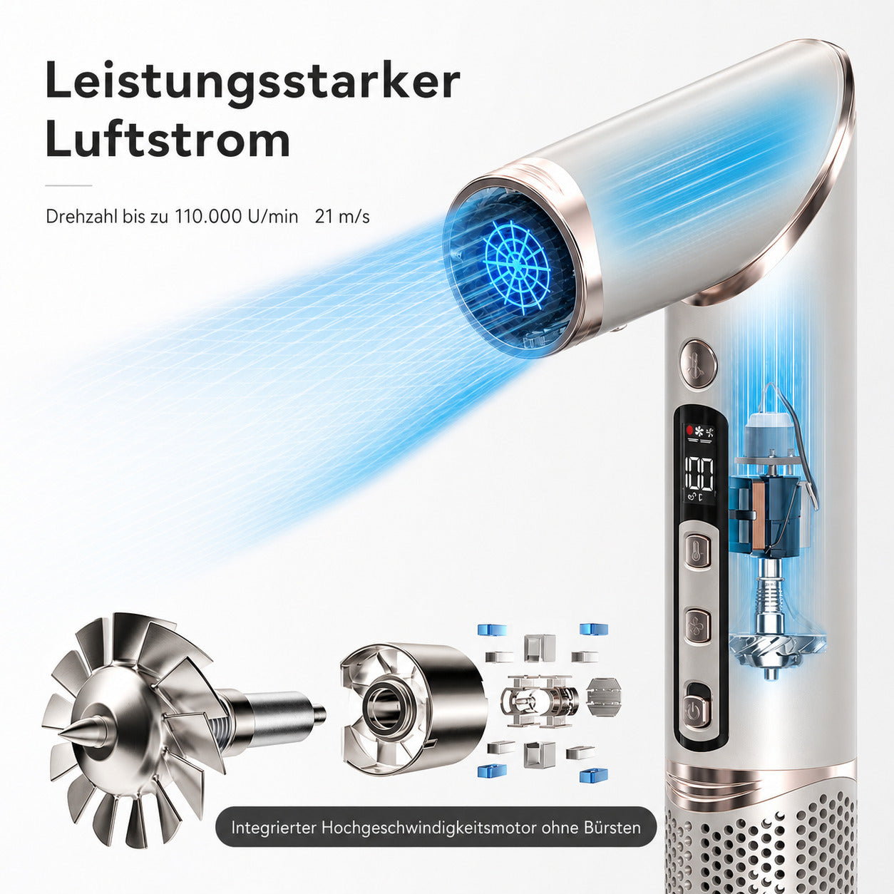 Cool-i ® Airstyler 8 in 1, 1400W Heißluftbürste, Hairstyler-Set mit Diffusor, Glättungstrockner, Rundbürste, Volumenbürste, Lockenwickler, 4 Temperaturen & 3 Windstufen.