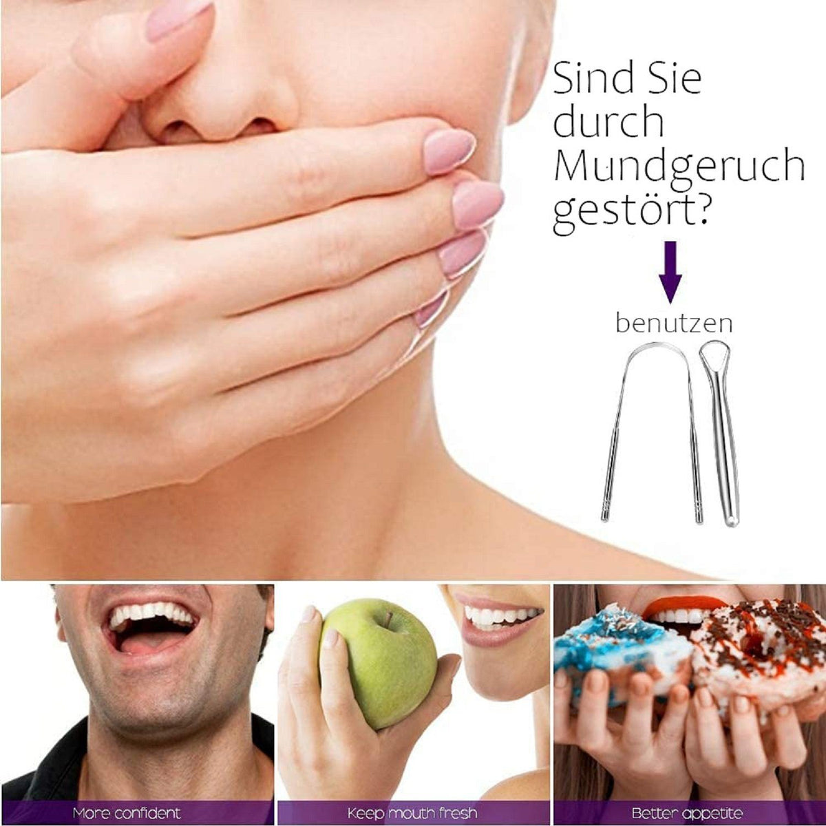 Edelstahl Zungenreiniger Set, 4 Zungenschaber, wiederverwendbar für tägliche Mundhygiene
