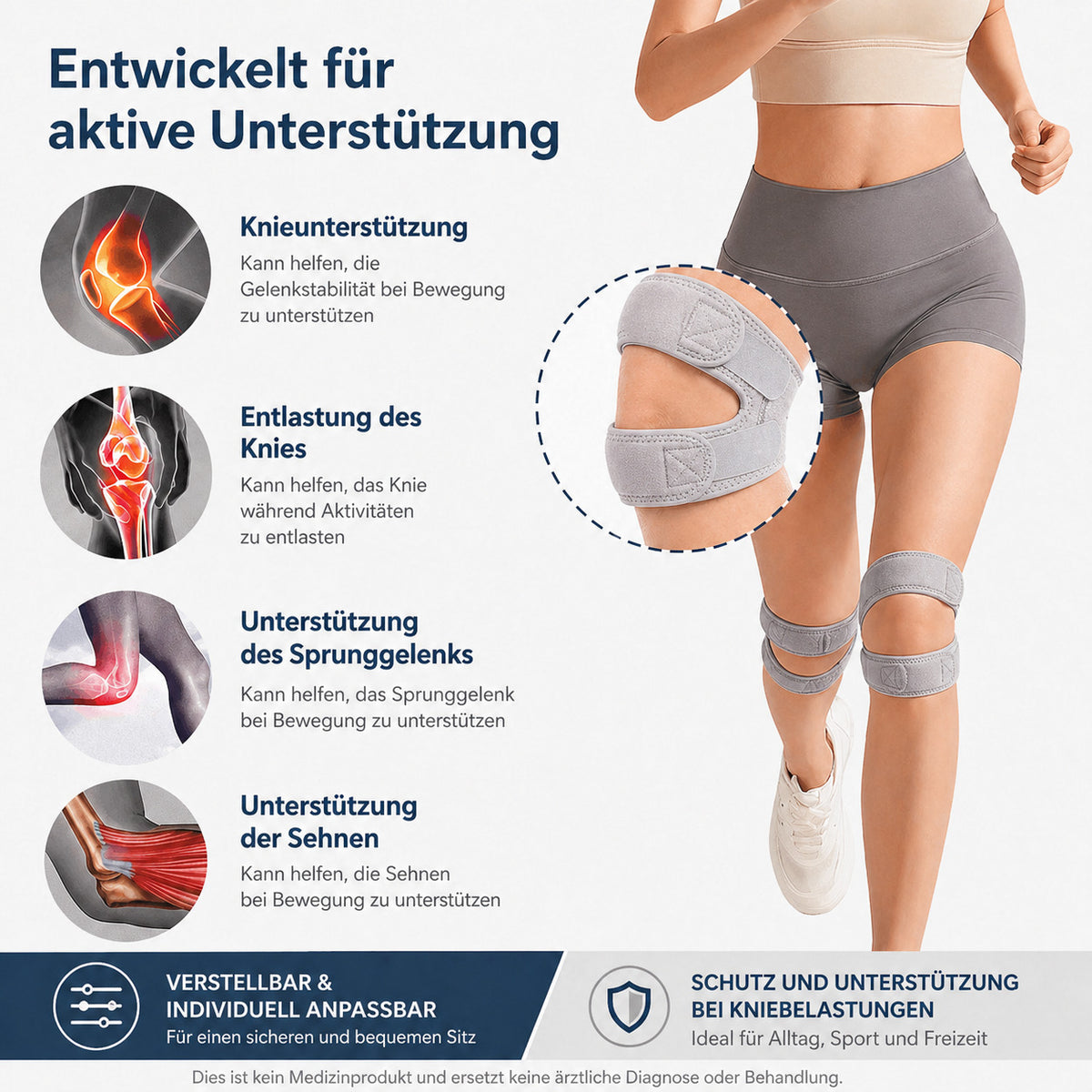 2er Set Patella Kniebandage verstellbar, elastischer Doppel-Stützgurt, rutschfest & atmungsaktiv für Sport & Alltag