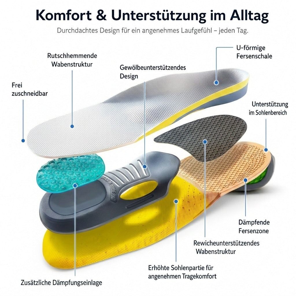 Komfort Einlegesohlen mit Gel Dämpfung, atmungsaktiv, zuschneidbar, Fußgewölbestütze für Alltag & Sport