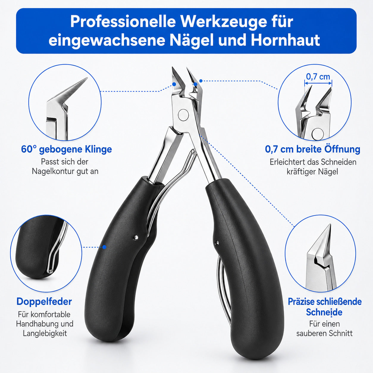 Profi Nagelzange aus Edelstahl – Präzisions-Fußnagelschere für eingewachsene Zehennägel mit rutschfestem Griff